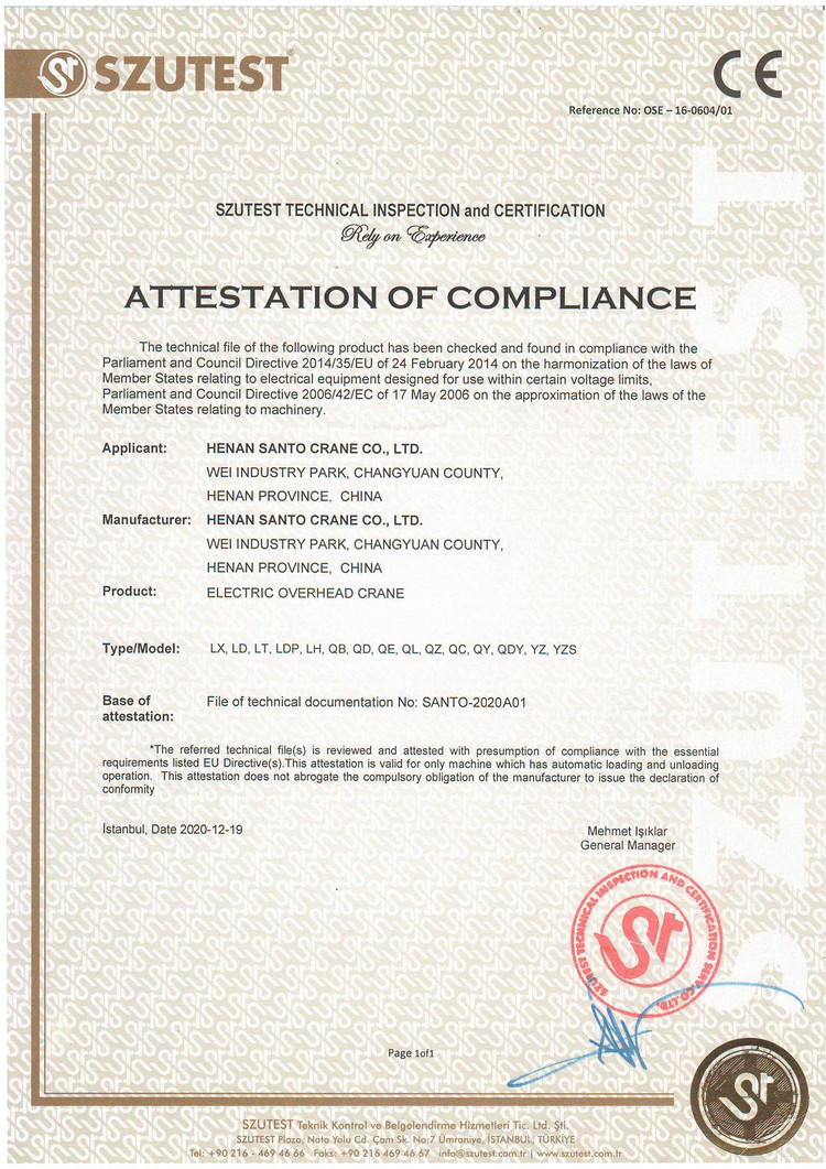China HENAN SANTO CRANE CO.,LTD Certificaten